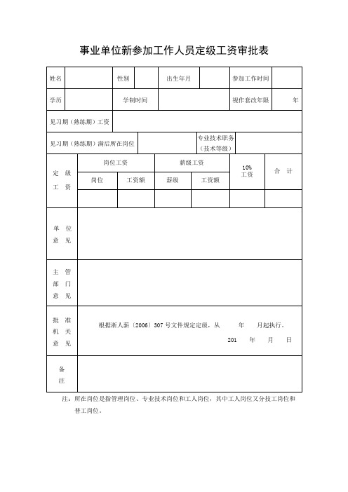 事业单位新参加工作人员定级工资审批表