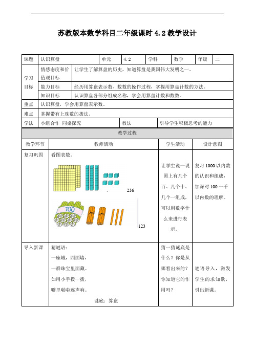 【数学】苏教版数学二年级下册4.2 认识算盘教学设计