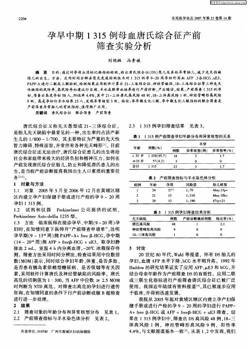 孕早中期1315例母血唐氏综合征产前筛查实验分析