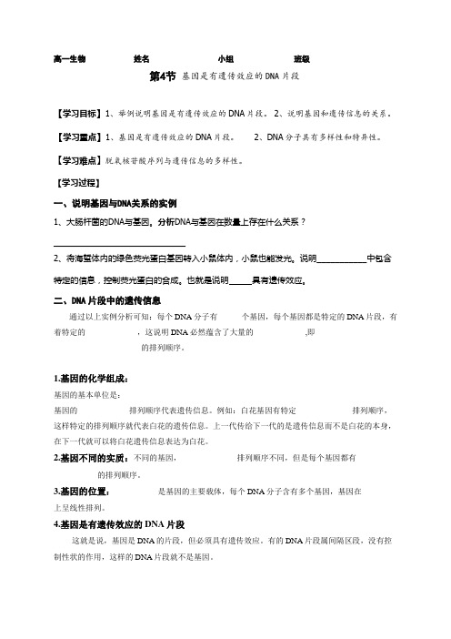 河北省中国第二十冶金建设公司综合学校高中分校人教版生物必修二导学案第4节 基因是有遗传效应的DN