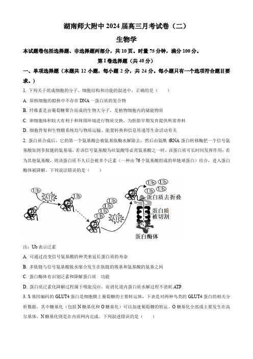 湖南师范大学附属中学2023-2024学年高三上学期月考(二)生物试题(原卷版)