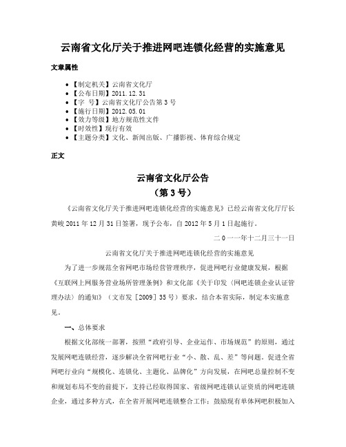 云南省文化厅关于推进网吧连锁化经营的实施意见