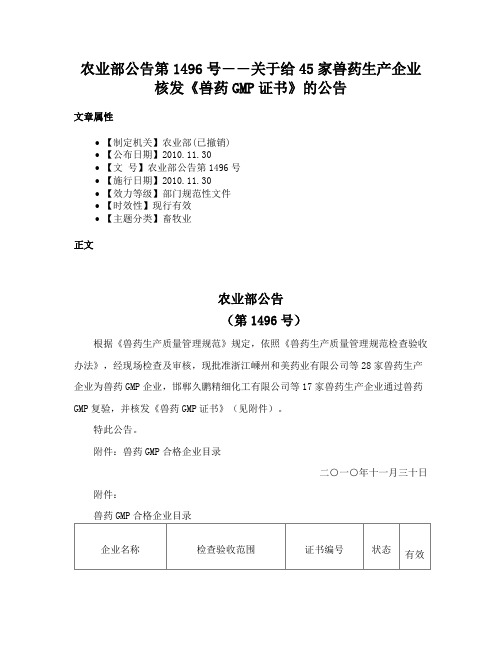 农业部公告第1496号――关于给45家兽药生产企业核发《兽药GMP证书》的公告