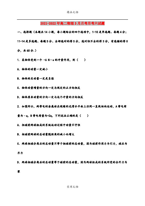 2021-2022年高二物理3月月考月考六试题