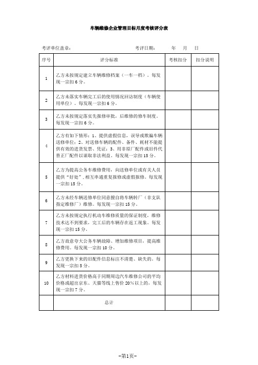 车辆维修企业管理目标月度考核评分表