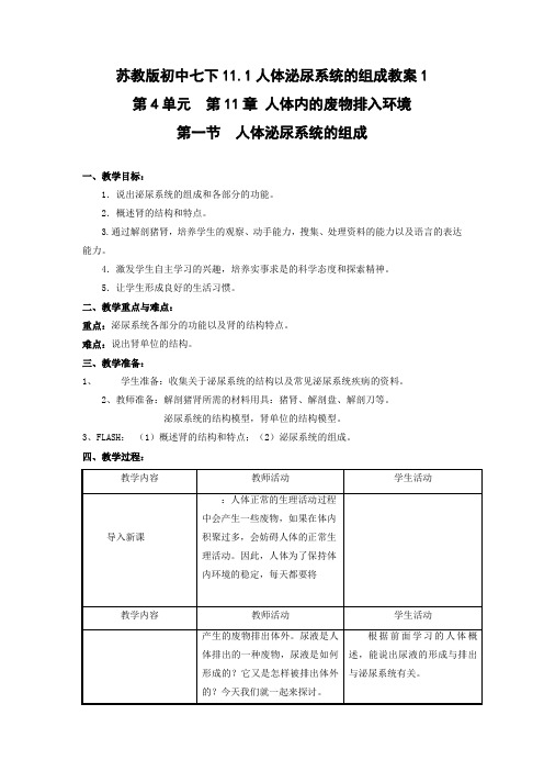 苏教版-生物-七年级下册-11.1人体泌尿系统的组成教案