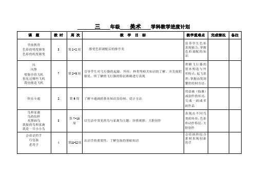 苏教版三年级《美术》下册《教学进度计划》