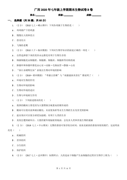 广西2020年七年级上学期期末生物试卷B卷(新版)