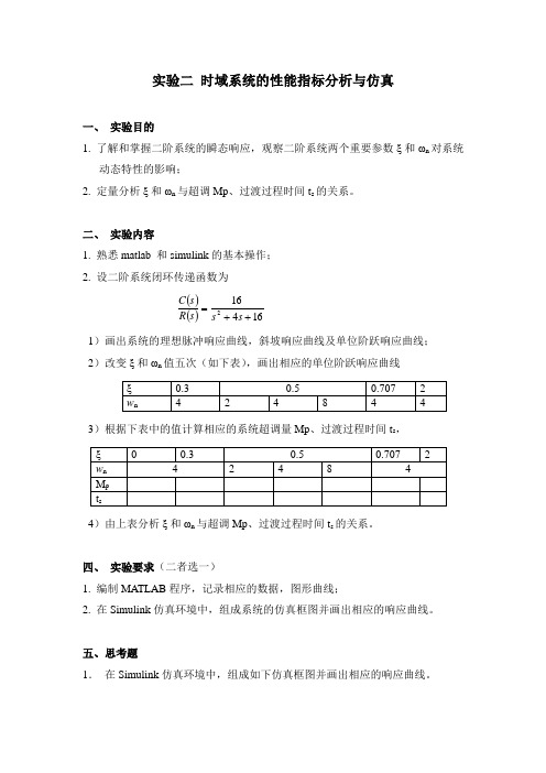 实验二  时域系统的性能指标分析与仿真