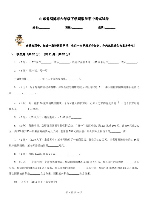 山东省淄博市六年级下学期数学期中考试试卷