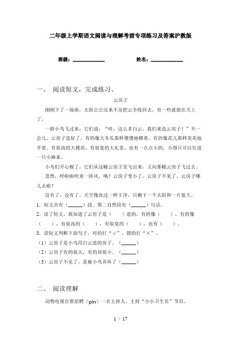 二年级上学期语文阅读与理解考前专项练习及答案沪教版