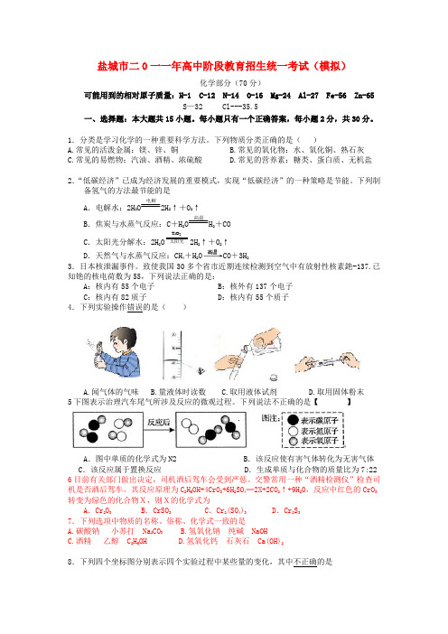 最新-江苏省盐城中学2018年中考化学模拟试题 人教新课