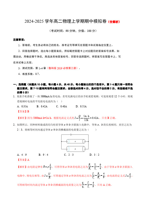 2024-2025学年高二上学期期中模拟考试物理试题(鲁科版)含解析