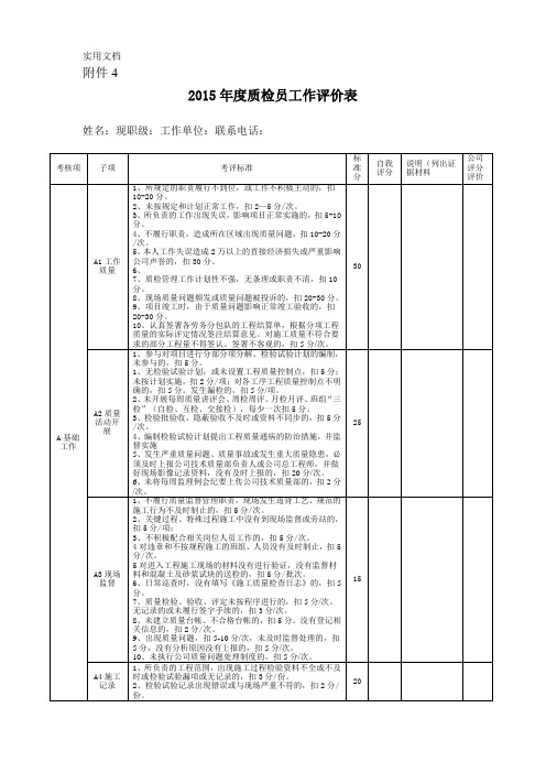 质检员工作评价表