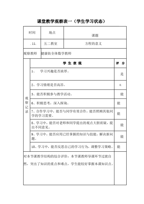 小学数学课堂教学观察表