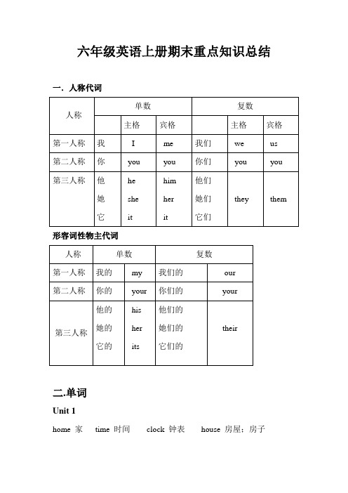 六年级英语上册期末重点知识总结