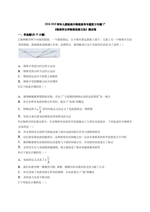 人教版高中物理高考专题复习专题17《物理学史和物理思想方法》测试卷(含答案解析版)