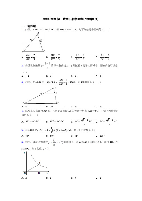 2020-2021初三数学下期中试卷(及答案)(1)