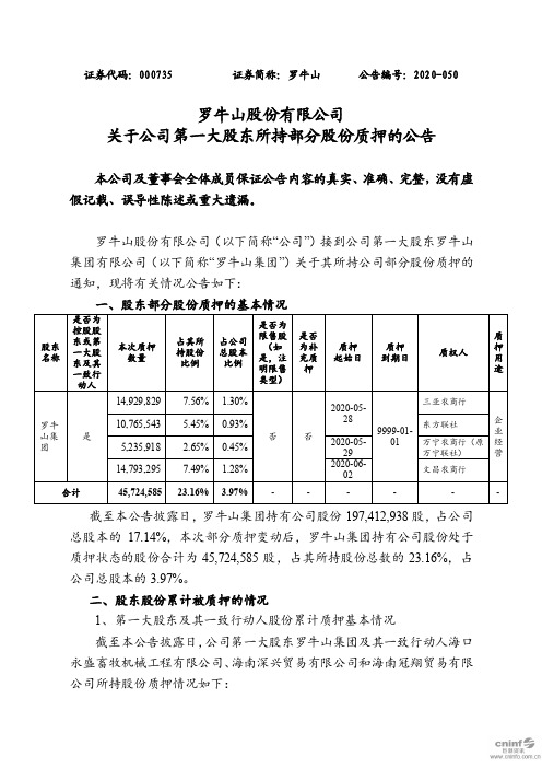 罗牛山：关于公司第一大股东所持部分股份质押的公告 (1)