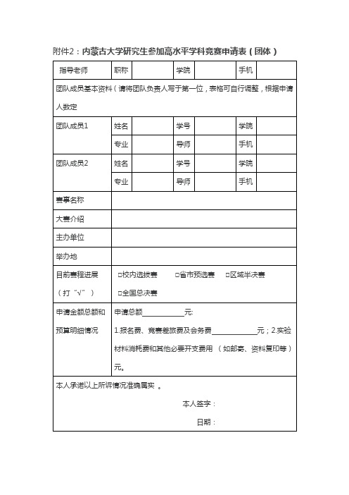 内蒙古大学研究生参加高水平学科竞赛申请表(团体)