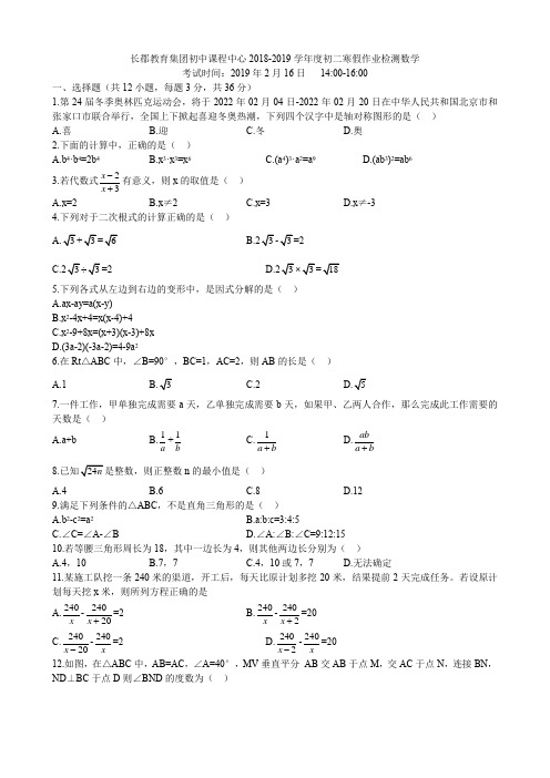 长郡教育集团初中课程中心2018-2019学年度初二寒假作业检测数学