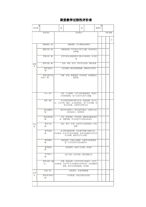 课堂教学过程性评价表
