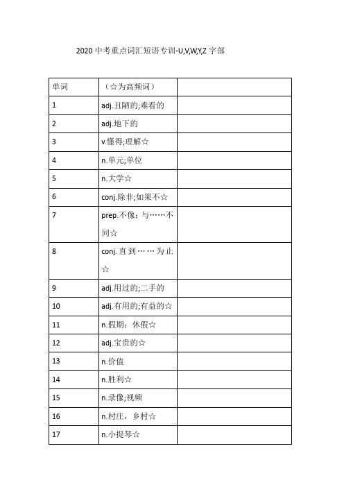 2020中考重点词汇短语专训-U,V,W,Y,Z字部