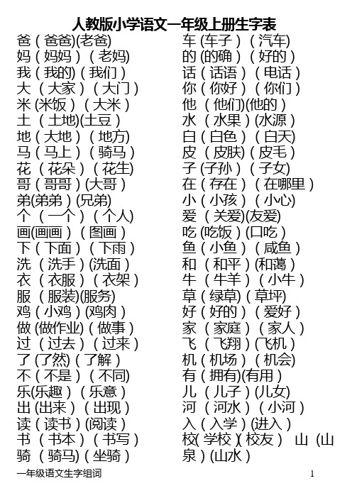 人教版语文一年级上、下册全部生字组词