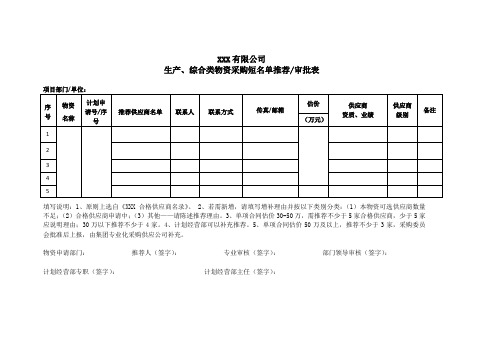 供应商推荐短名单