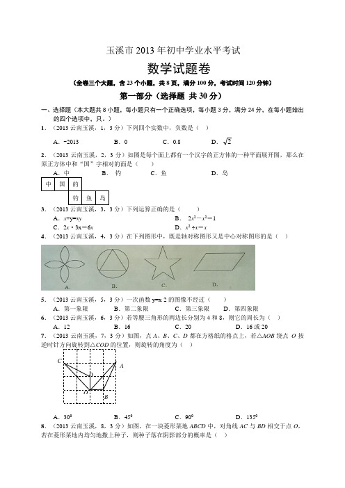 云南省玉溪市2013年中考数学试题及答案