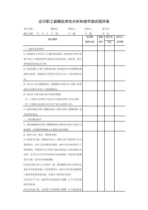 财务管理《应付职工薪酬实质性分析和细节测试程序表》