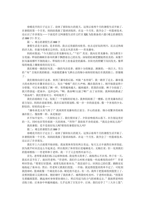 难忘的暑假生活800字,暑假生活作文