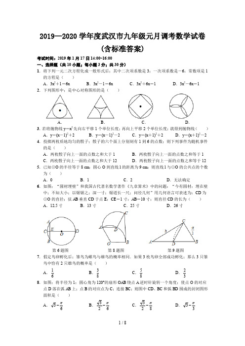 2019—2020学年度武汉市九年级元月调考数学试卷(含标准答案)