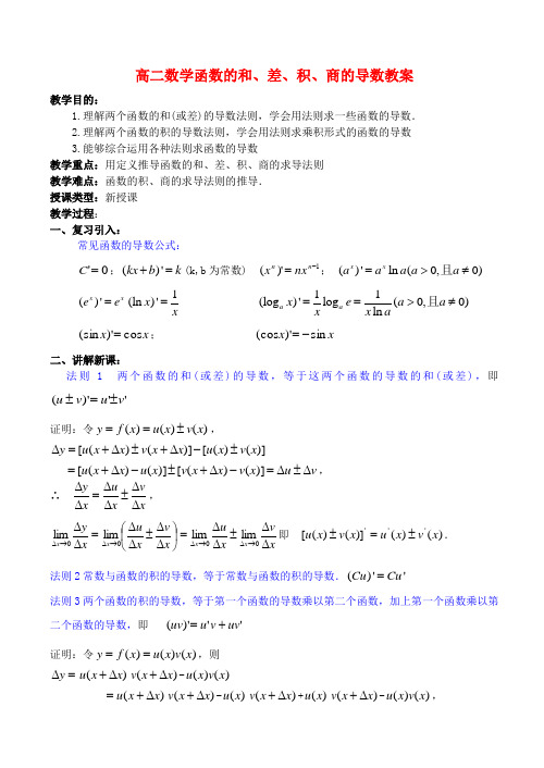 高二数学函数的和、差、积、商的导数教案 苏教版