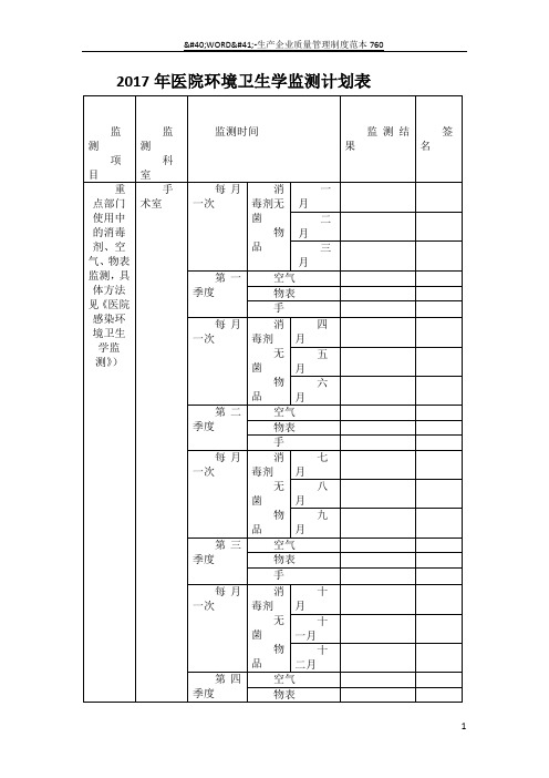 2017年医院环境卫生学监测计划表