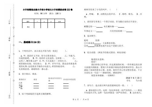 小升初精选全能小升初小学语文小升初模拟试卷III卷