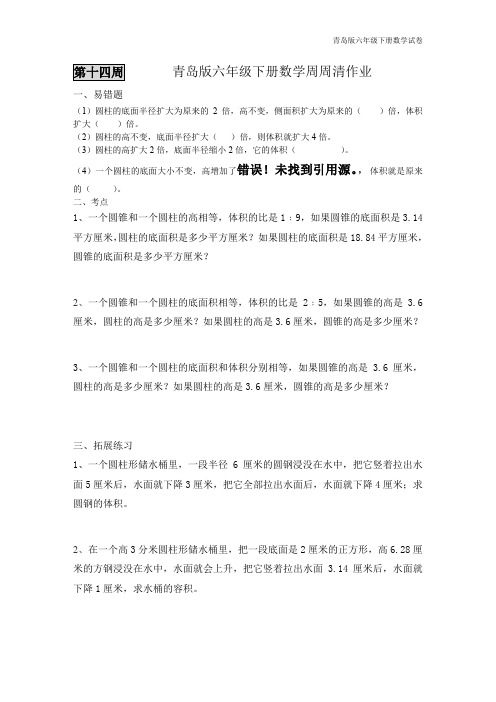 青岛版六年级数学下册每周一练六下周周清试卷14 (2)