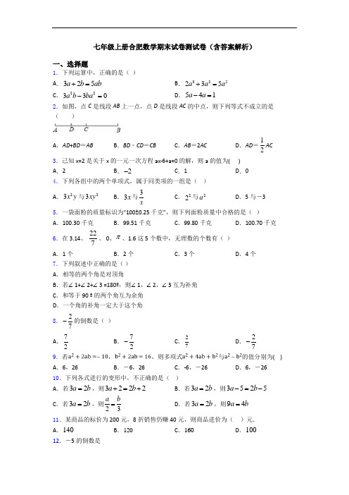 七年级上册合肥数学期末试卷测试卷(含答案解析)