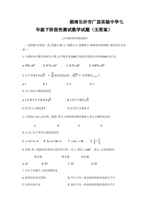 湖南长沙市广益实验中学七年级下阶段性测试数学试题(无答案)