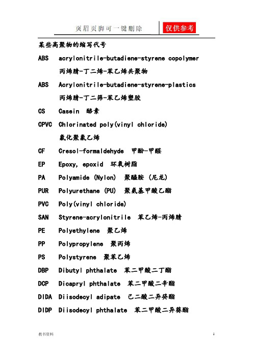 聚氨酯英文缩写代号(学习材料)