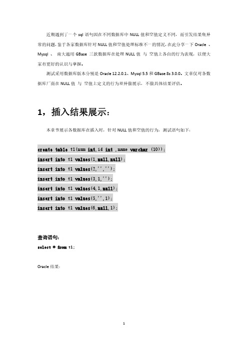 Oracle Mysql GBase数据库NULL值与空值行为测试