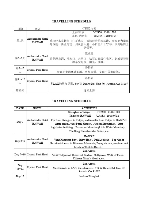 旅游行程(中英文对照)