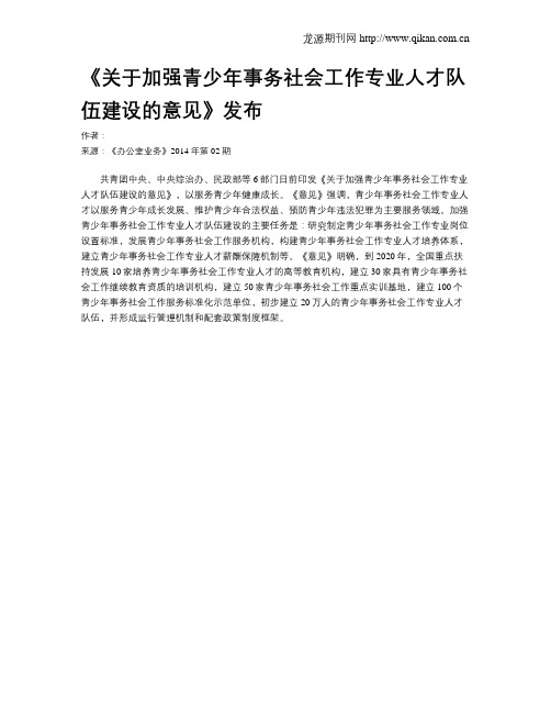 《关于加强青少年事务社会工作专业人才队伍建设的意见》发布