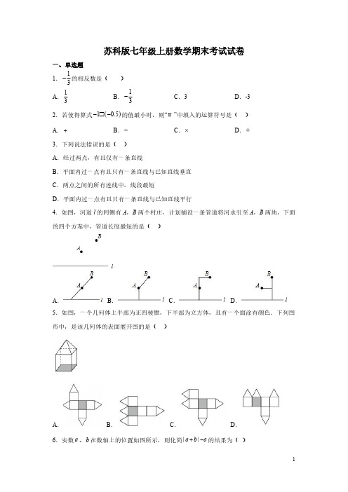 苏科版七年级上册数学期末考试试题含答案