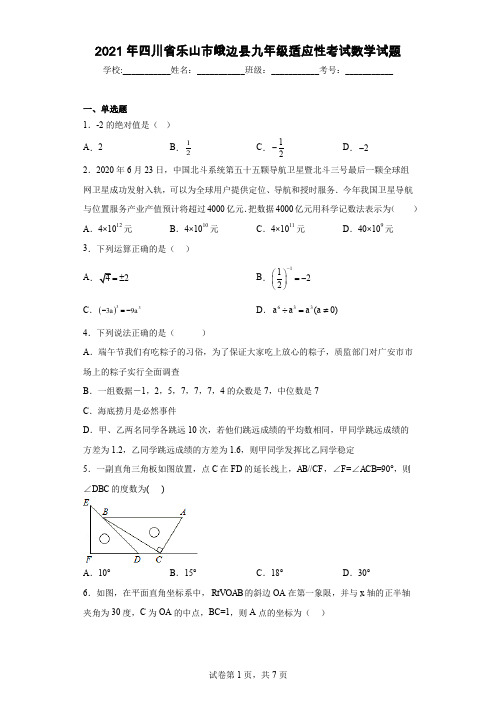 2021年四川省乐山市峨边县九年级适应性考试数学试题