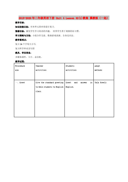 2019-2020年二年级英语下册 Unit 4 Lesson 32(1)教案 冀教版(一起)