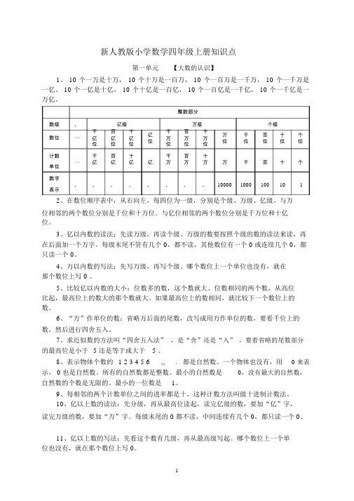 人教版小学四年级数学上册知识点归纳总结