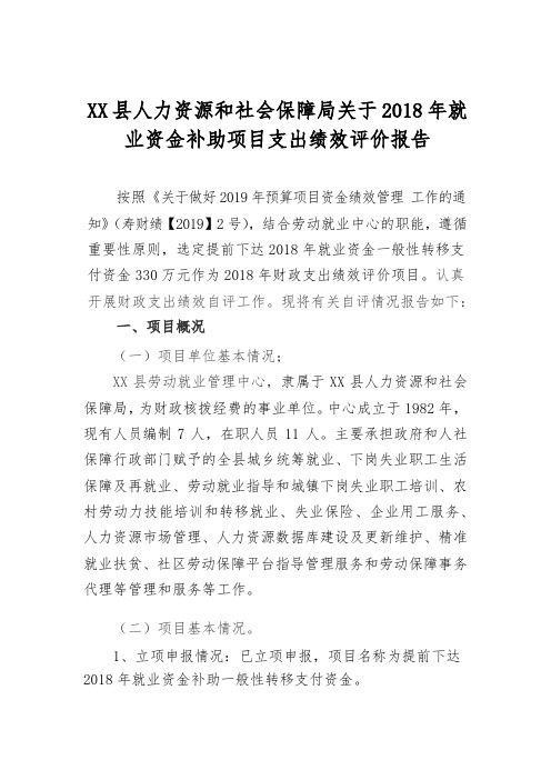 县人力资源和社会保障局关于2018年就业资金补助项目支出绩效评价报告【模板】