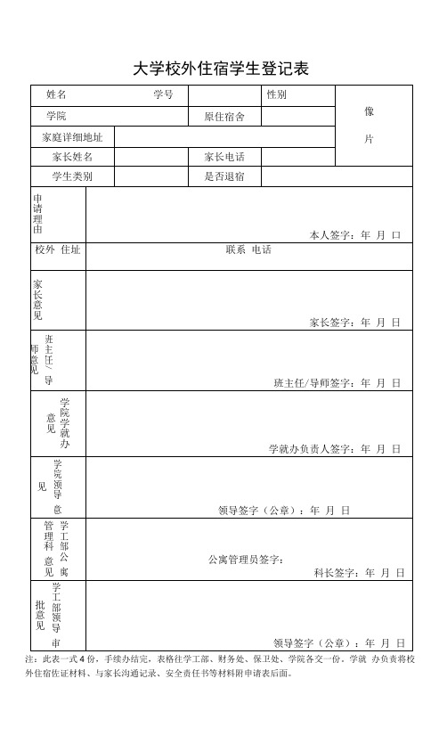 大学校外住宿学生登记表