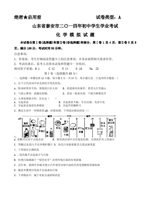 山东省泰安市2015届九年级学业水平模拟化学试题(有答案)